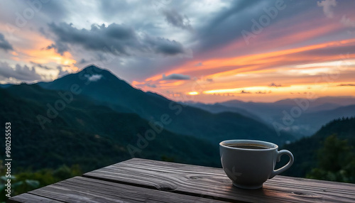 Cup of Coffee on a Wooden Table Overlooking a Scenic Mountain View