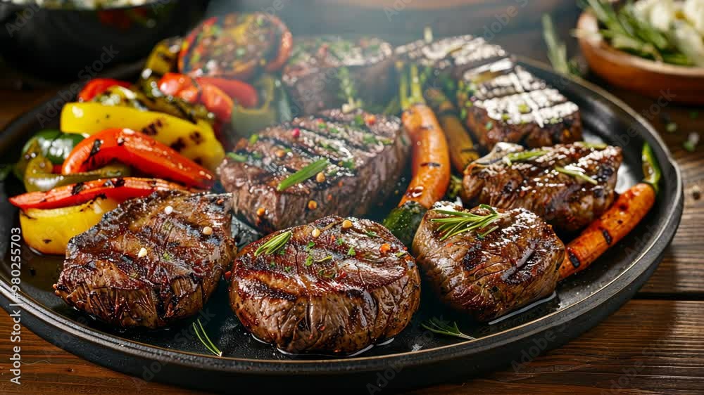 Grilled steak with colorful vegetables served on a rustic plate in a cozy kitchen setting Grilled steak with colorful vegetables served on a rustic plate in a cozy kitchen setting