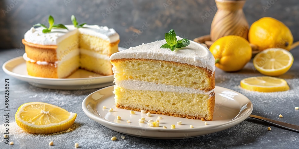 Freshly baked moist lemon cake with a layer of creamy buttercream frosting, garnished with a sprinkle of powdered sugar and a slice taken out. Freshly baked moist lemon cake with a layer of creamy buttercream frosting, garnished with a sprinkle of powdered sugar and a slice taken out.