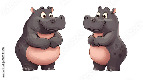 Cute cartoon hippos with cheerful expressions, perfect for children's content, illustrations, and animal-themed designs. photo