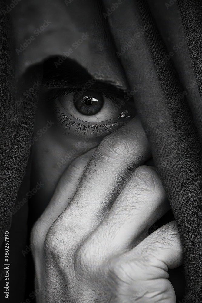 A striking black and white image of a mysterious eye peering through a dark veil, evoking intrigue and emotion.