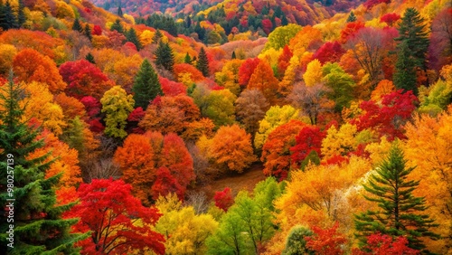 Vibrant autumn leaves in shades of orange, red, and yellow surround lush trees, showcasing nature's kaleidoscope of textures and colors in a stunning forest scene.