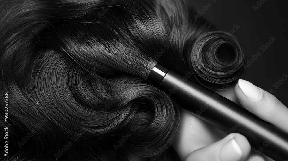 Naklejka premium Close-up of a woman's hand holding a curling iron on black hair.