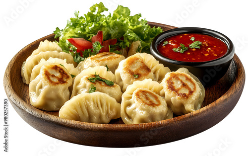 Delicious golden dumplings served with fresh salad and spicy sauce on a wooden plate. Perfect for food lovers. photo