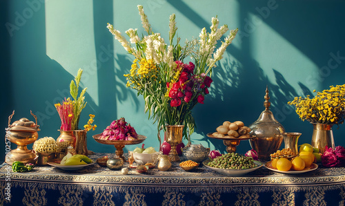 Haft Seen traditional table of Nowruz. Haft-Seen also spelled as Haft Sin is a tabletop photo