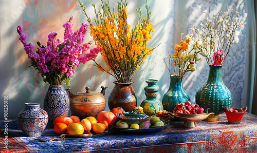 Haft Seen traditional table of Nowruz. Haft-Seen also spelled as Haft Sin is a tabletop photo