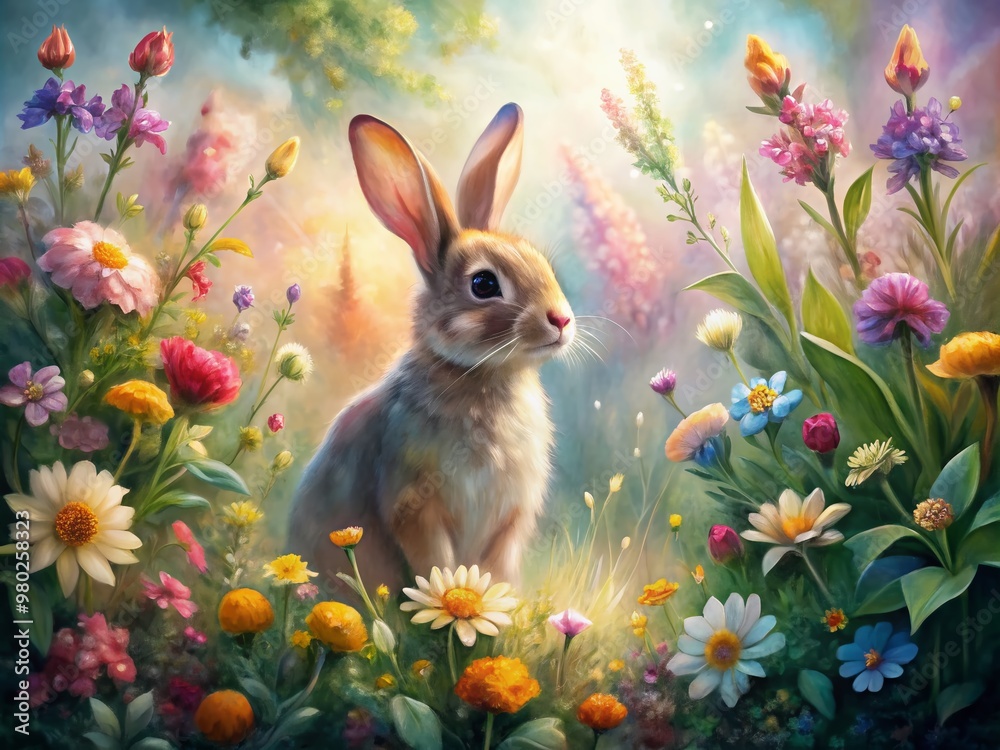 Delicate rabbit surrounded by vibrant floral bouquet stands amidst dreamy watercolor landscape with soft brushstrokes, whimsical flowers, and lush greenery in warm sunlight. Delicate rabbit surrounded by vibrant floral bouquet stands amidst dreamy watercolor landscape with soft brushstrokes, whimsical flowers, and lush greenery in warm sunlight.
