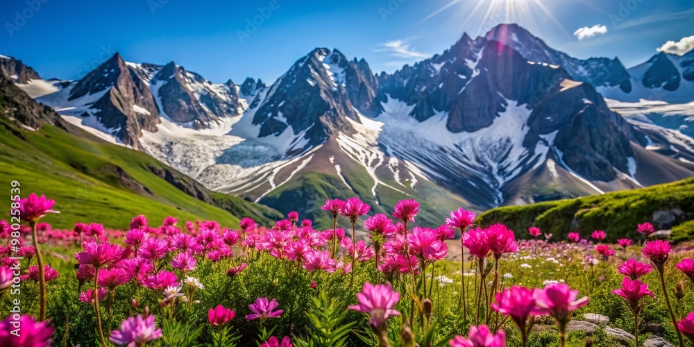 Vibrant pink wildflowers sway gently in the breeze, set against a stunning backdrop of rugged, snow-capped mountains under a serene blue sky.