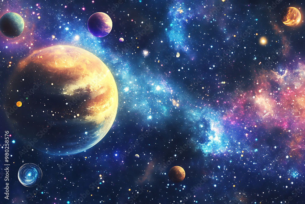 A vibrant cosmic scene featuring planets and a colorful galaxy backdrop. A vibrant cosmic scene featuring planets and a colorful galaxy backdrop.