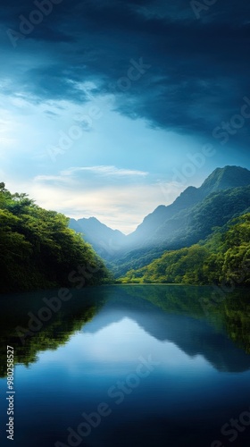 Serene landscape featuring mountains and a calm river under a dramatic sky. Perfect for nature and travel themes.