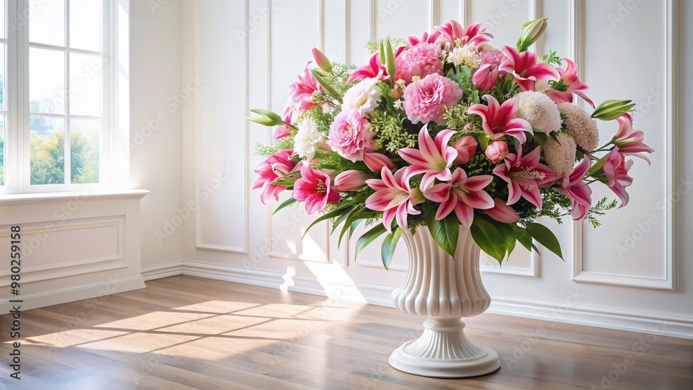Fototapeta premium Beautiful big bouquet of fresh pink flowers arranged on a pedestal in a bright room with vase of white lilies and plenty of copy space.