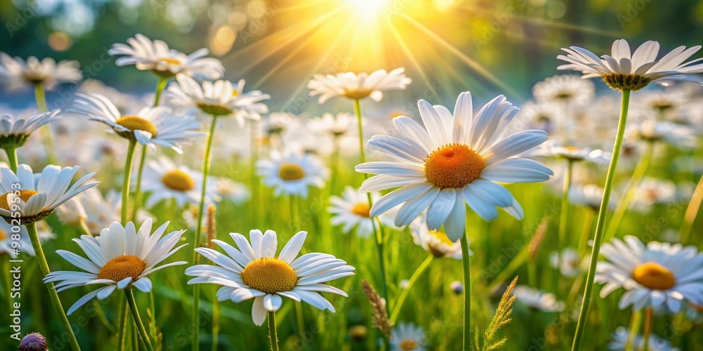 Vibrant daisies sway gently in the summer breeze, filling a lush green meadow with their bright white petals and sunny yellow centers, warm sunlight shines down. Vibrant daisies sway gently in the summer breeze, filling a lush green meadow with their bright white petals and sunny yellow centers, warm sunlight shines down.