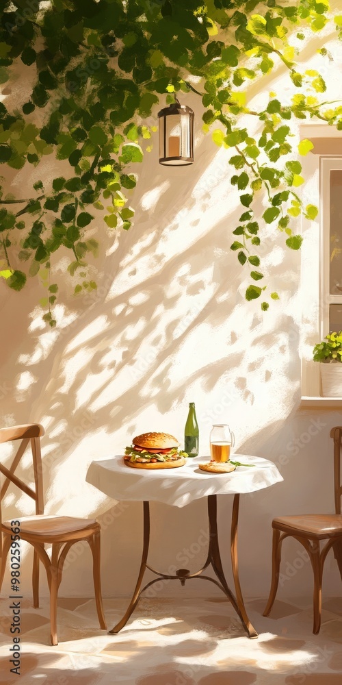 A cozy outdoor dining setup with a delicious burger and a refreshing drink, surrounded by lush greenery and warm sunlight. A cozy outdoor dining setup with a delicious burger and a refreshing drink, surrounded by lush greenery and warm sunlight.