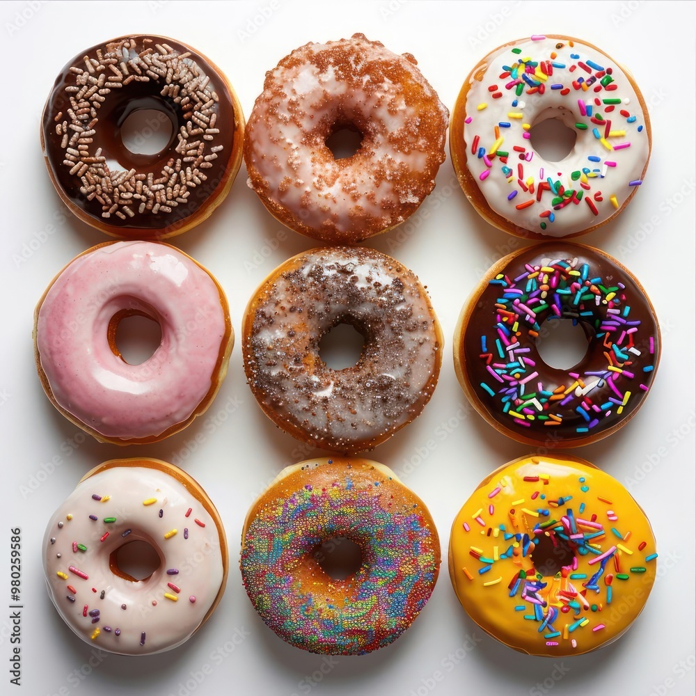 A collection of assorted glazed donuts with toppings displayed together on a white background. A collection of assorted glazed donuts with toppings displayed together on a white background.