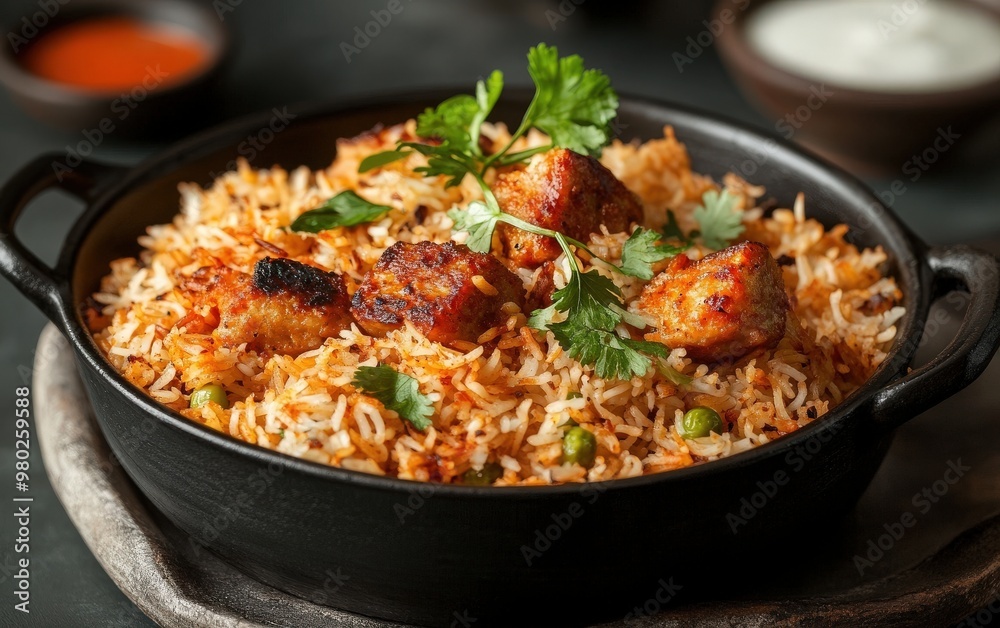 A delicious bowl of biryani featuring aromatic rice, tender chicken, and fresh herbs, perfect for a gourmet meal. A delicious bowl of biryani featuring aromatic rice, tender chicken, and fresh herbs, perfect for a gourmet meal.