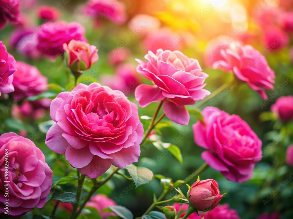 Vibrant pink roses bloom in a lush garden filled with delicate petals, soft focus, and warm natural light, perfect for romantic Valentine's Day celebrations. Vibrant pink roses bloom in a lush garden filled with delicate petals, soft focus, and warm natural light, perfect for romantic Valentine's Day celebrations.