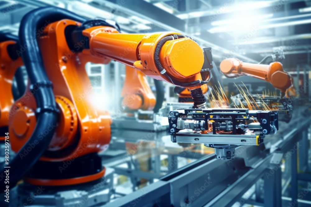 In a bustling factory, robotic arms meticulously assemble electronic components, creating sparks as they work efficiently under bright lighting during the day In a bustling factory, robotic arms meticulously assemble electronic components, creating sparks as they work efficiently under bright lighting during the day