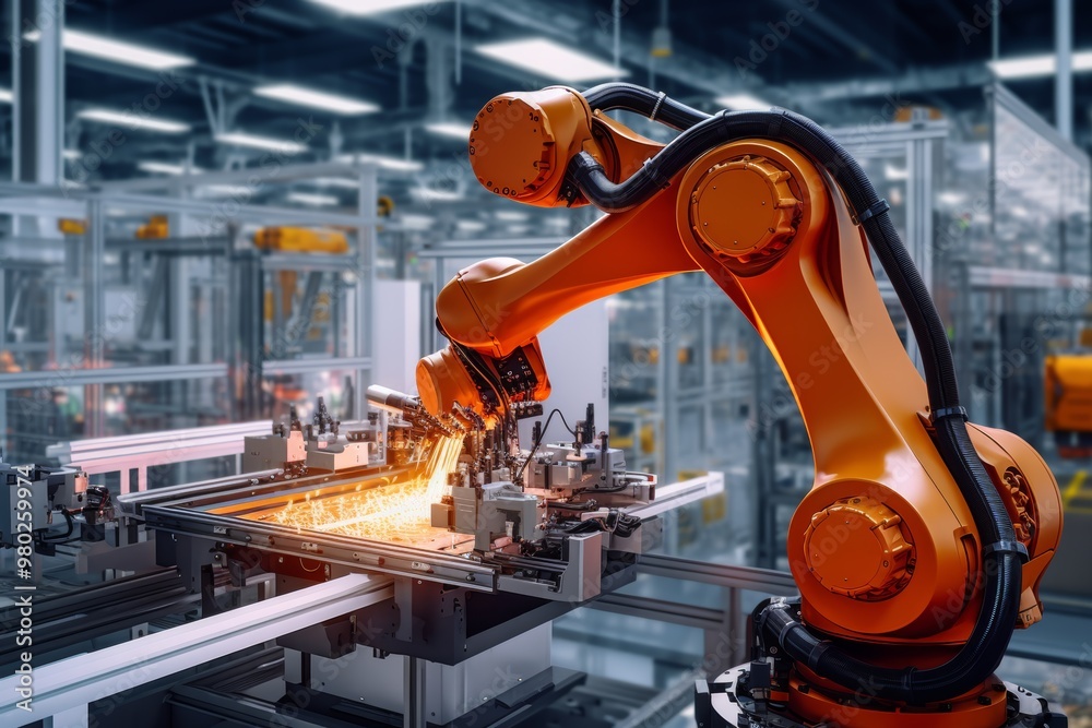 A robotic arm is skillfully conducting welding operations in a modern manufacturing facility. The vibrant orange arm moves over metal parts, showcasing advanced technology A robotic arm is skillfully conducting welding operations in a modern manufacturing facility. The vibrant orange arm moves over metal parts, showcasing advanced technology