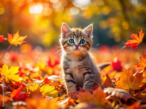 Adorable kitten plays in a kaleidoscope of autumn colors, twirling amidst fallen leaves, surrounded by vibrant reds, oranges, and yellows, exuding joy and seasonal wonder.