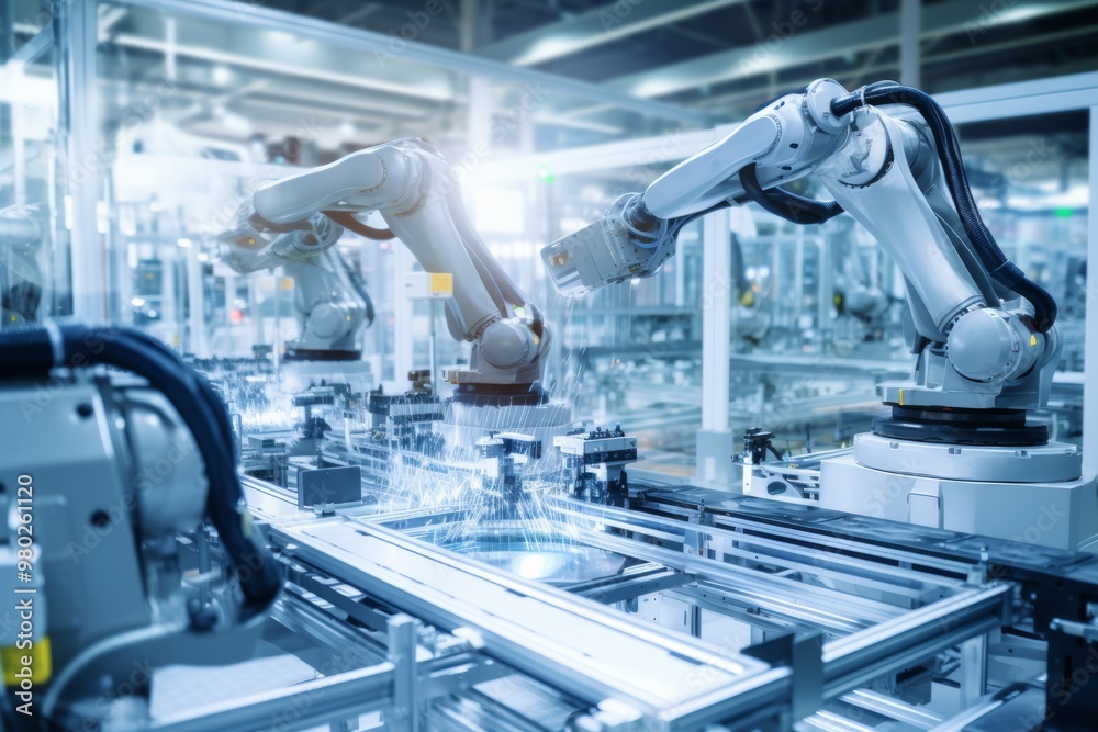 Robotic arms work collaboratively to assemble components on a high-tech production line within a contemporary manufacturing plant, highlighting advanced automation Robotic arms work collaboratively to assemble components on a high-tech production line within a contemporary manufacturing plant, highlighting advanced automation