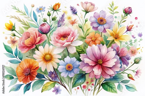 Delicate watercolor illustration of vibrant colorful flowers on a clean white background, showcasing artistic brushstrokes and soft blending of petals and leaves.