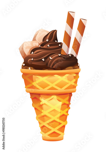 Chocolate ice cream in a waffle cone, topped with marshmallows and wafer sticks. Vector cartoon illustration