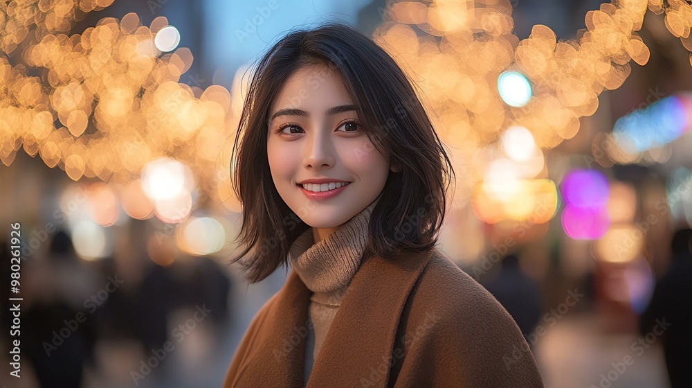 A cheerful young woman smiles warmly, surrounded by festive lights in a vibrant urban setting, capturing the spirit of joy and connection. A cheerful young woman smiles warmly, surrounded by festive lights in a vibrant urban setting, capturing the spirit of joy and connection.