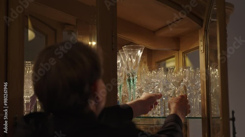 Man taking two wine glasses out of china hutch