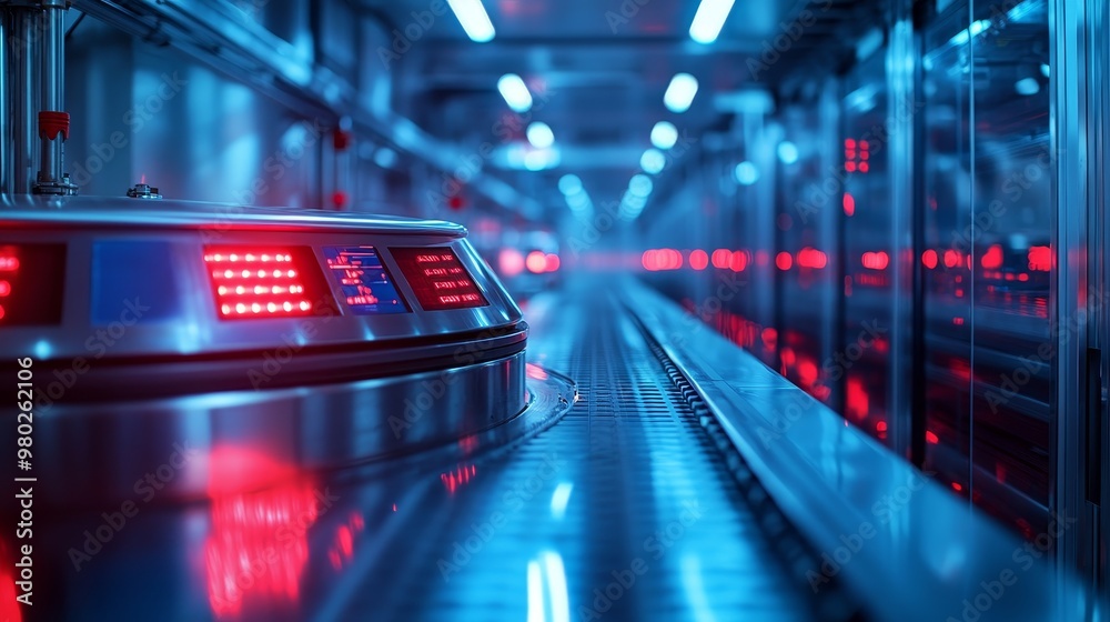 A polished steel tank on a factory floor, surrounded by blinking red warning lights and digital control panels, Futuristic, high-resolution photography, cold blue tones, sharp focus, high-tech A polished steel tank on a factory floor, surrounded by blinking red warning lights and digital control panels, Futuristic, high-resolution photography, cold blue tones, sharp focus, high-tech