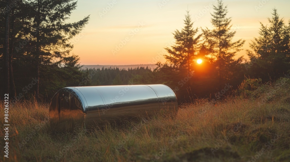 A reflective stainless steel tank situated in a rural field, bordered by tall trees and dense forest, under the warm hues of a setting sun, creating a tranquil atmosphere A reflective stainless steel tank situated in a rural field, bordered by tall trees and dense forest, under the warm hues of a setting sun, creating a tranquil atmosphere