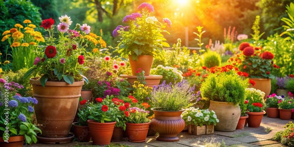 Vibrant flowers spill from colorful ceramic pots, surrounded by lush greenery, in a serene and lush garden setting, bathed in warm, natural sunlight. Vibrant flowers spill from colorful ceramic pots, surrounded by lush greenery, in a serene and lush garden setting, bathed in warm, natural sunlight.