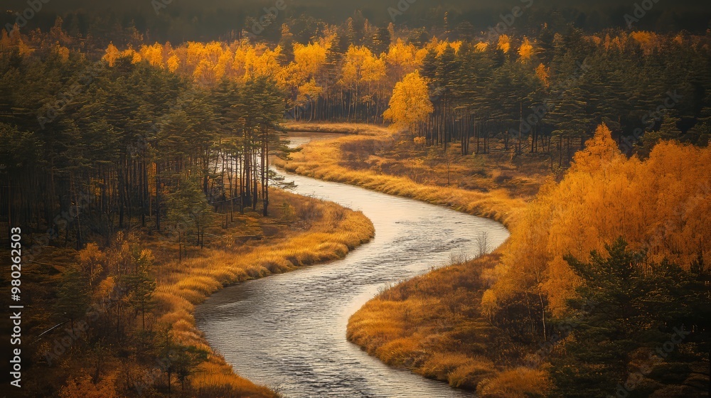 High-altitude view of a meandering river slicing through an autumnal forest, golden foliage shimmering in the sun, Vintage, Sepia tones, Soft focus High-altitude view of a meandering river slicing through an autumnal forest, golden foliage shimmering in the sun, Vintage, Sepia tones, Soft focus