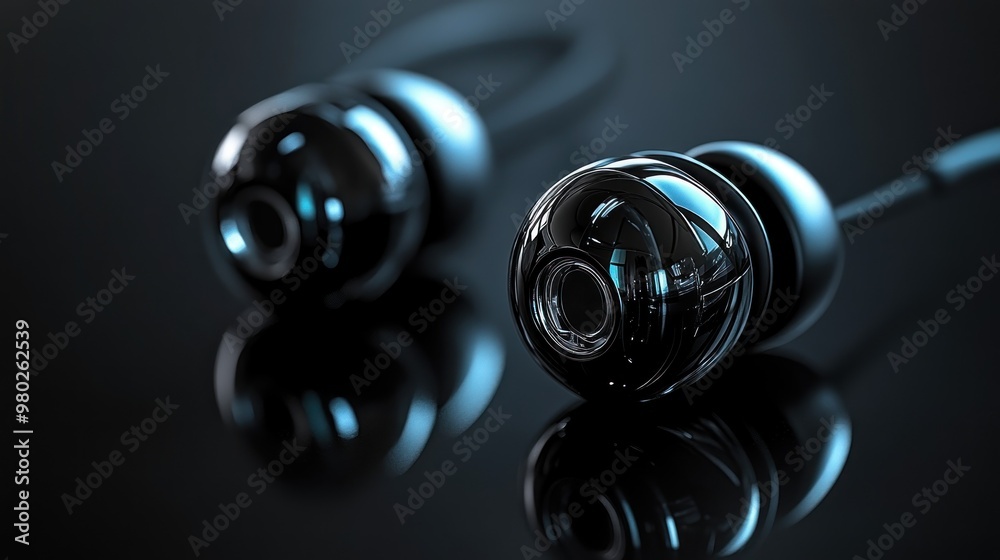 Close-up of sleek, modern earphones on a reflective surface. Close-up of sleek, modern earphones on a reflective surface.