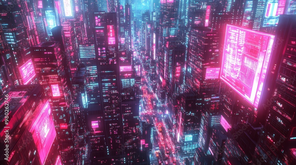 Birds-eye view of a neon-lit futuristic cityscape, with sleek modern architecture, floating billboards, and glowing streets filled with autonomous vehicles, Sci-Fi, Digital painting Birds-eye view of a neon-lit futuristic cityscape, with sleek modern architecture, floating billboards, and glowing streets filled with autonomous vehicles, Sci-Fi, Digital painting