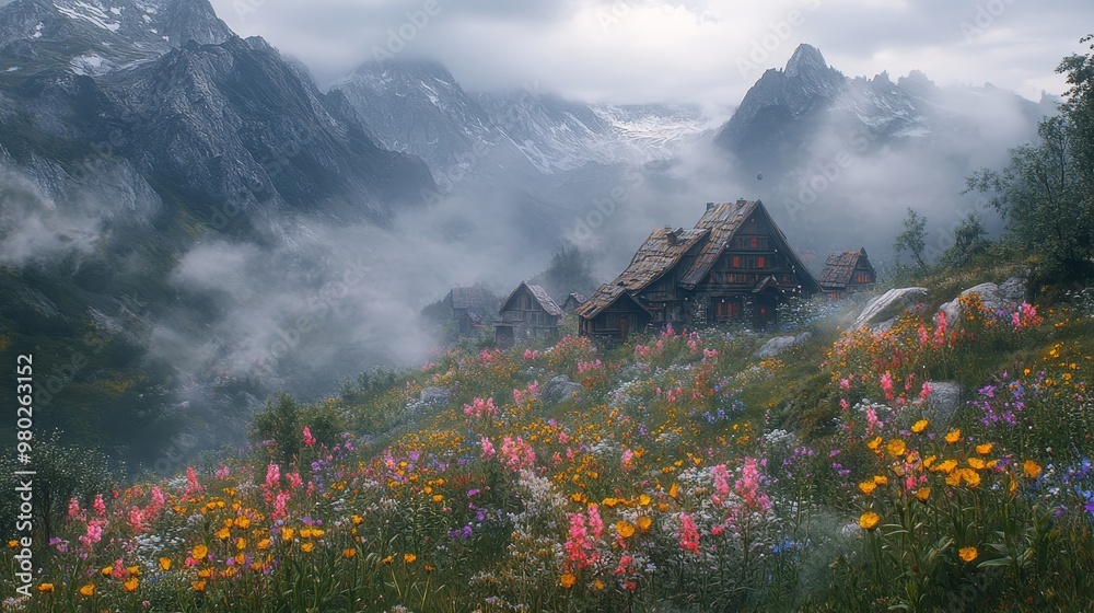Fototapeta premium Tiny village in the mountains, hidden in dense fog, surreal atmosphere with muted colors, vibrant wildflowers peeking through, cinematic lighting, 3D render