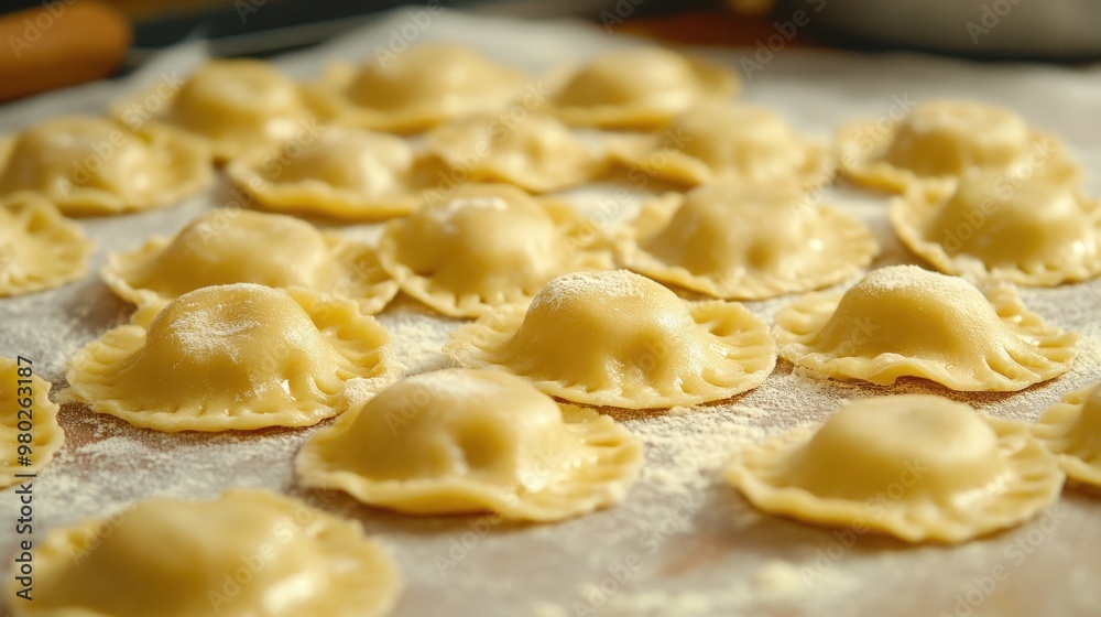 Freshly made pasta dumplings arranged on flour-dusted surface, perfect for Italian cuisine enthusiasts and food photography. Freshly made pasta dumplings arranged on flour-dusted surface, perfect for Italian cuisine enthusiasts and food photography.