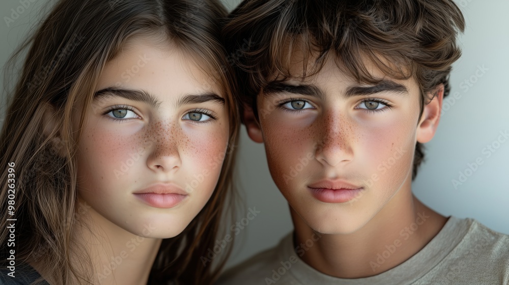 Close-up portrait of teenagers with freckles and natural features for youthful expression posters