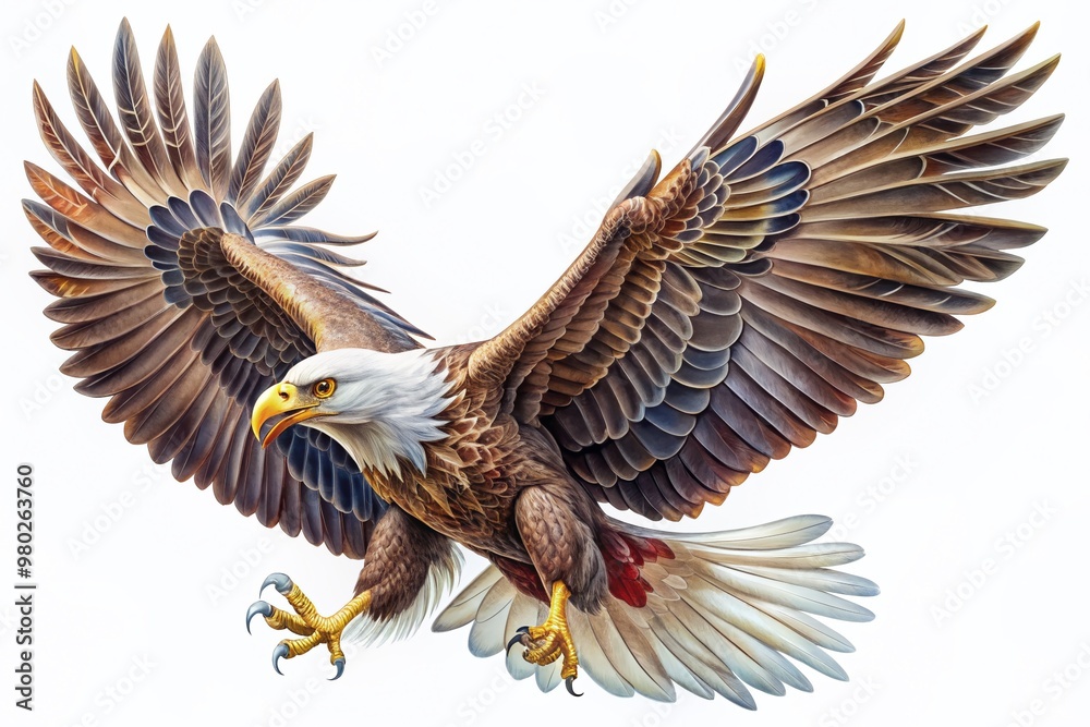 Intricate illustration of a majestic bald eagle in mid-flight with intricately detailed feathers and strong anatomy against a pristine white background.