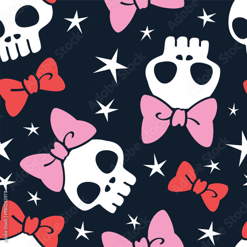 Seamless pattern of ribbon skull skeleton and star. It's a pattern that looks feminine. Pattern design for fabric, wrapping paper, wallpaper and fashion prints.