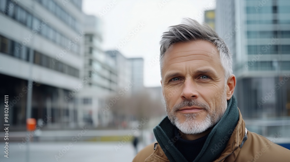 Contemplative middle-aged man in urban cityscape for modern life themes Contemplative middle-aged man in urban cityscape for modern life themes