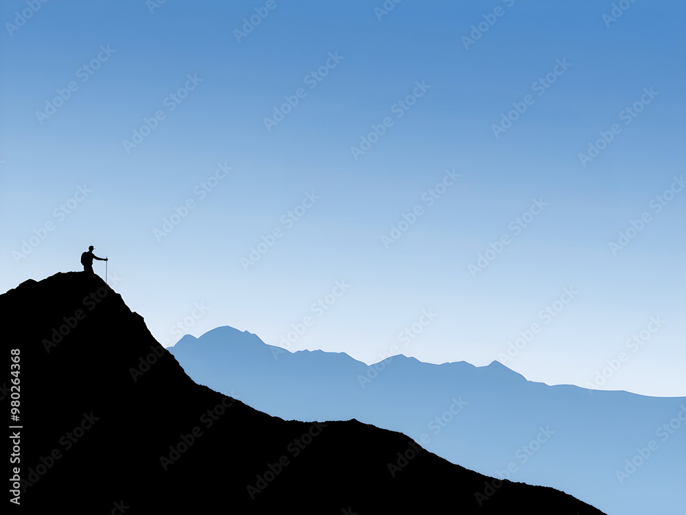 Conceptual business man silhouette on top of a mountain with a blue sky background Conceptual business man silhouette on top of a mountain with a blue sky background