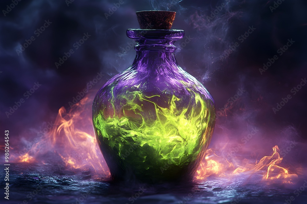 Glowing Mystic Potion Bottle in Ethereal Smoky Environment Glowing Mystic Potion Bottle in Ethereal Smoky Environment