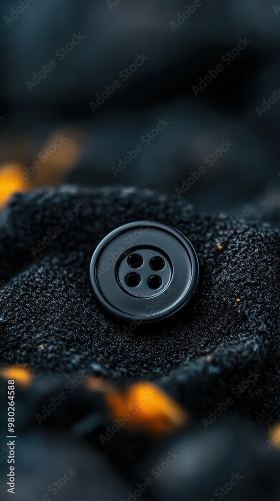 A close-up of a black button resting on textured material, highlighting its intricate design and classic appeal.