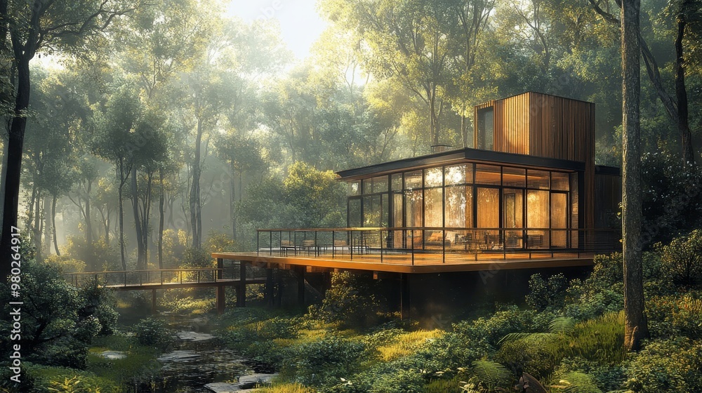 Cube-style wooden house with wraparound deck, sitting amidst a tranquil forest, digital painting, foggy morning light, natural materials, modern architectural focus Cube-style wooden house with wraparound deck, sitting amidst a tranquil forest, digital painting, foggy morning light, natural materials, modern architectural focus