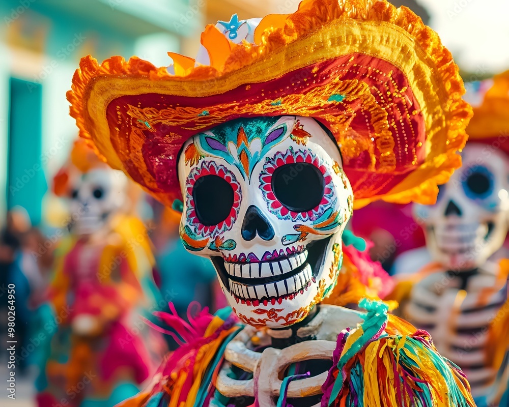 A skeleton wearing a sombrero and a mask with a smile on its face A skeleton wearing a sombrero and a mask with a smile on its face