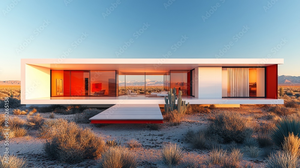 Desert oasis with a minimalist cube home, white panels glowing in the heat, accented by deep red frames, perfectly contrasting with the arid desert floor Desert oasis with a minimalist cube home, white panels glowing in the heat, accented by deep red frames, perfectly contrasting with the arid desert floor