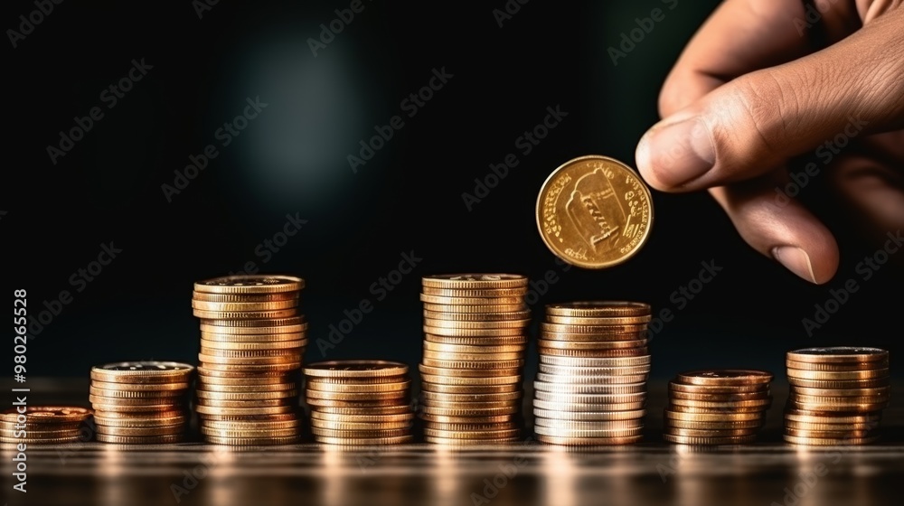 A hand carefully counts and arranges stacks of gold coins on a wooden surface, illustrating the theme of wealth growth and financial management in a softly lit setting A hand carefully counts and arranges stacks of gold coins on a wooden surface, illustrating the theme of wealth growth and financial management in a softly lit setting