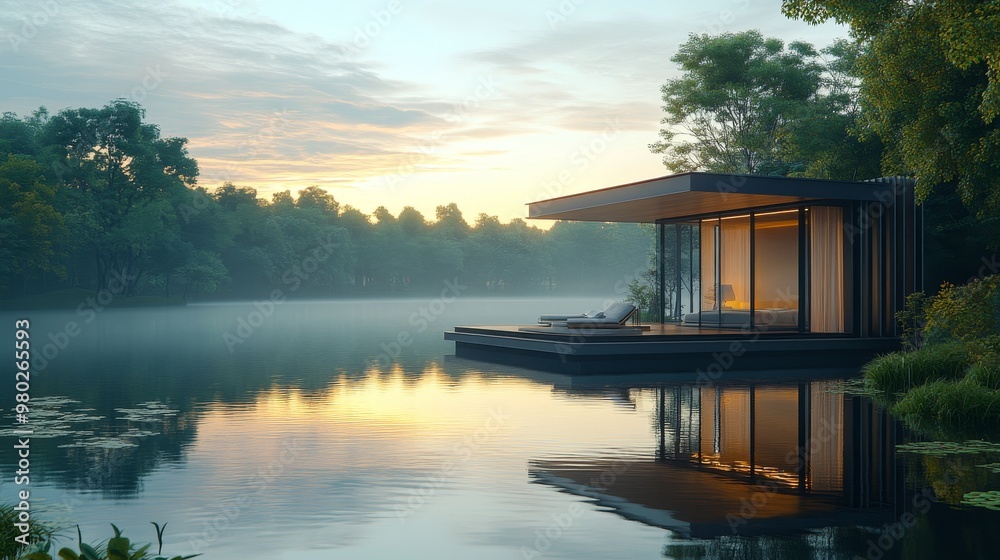 Floating glass cube house by a calm lake, surrounded by lush greenery, reflecting on the water, minimalist architecture, serene atmosphere, warm sunset glow, realism, high detail Floating glass cube house by a calm lake, surrounded by lush greenery, reflecting on the water, minimalist architecture, serene atmosphere, warm sunset glow, realism, high detail