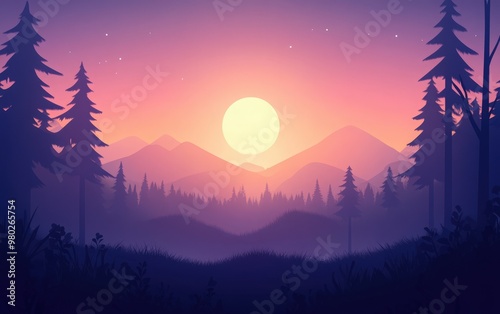 A serene mountain landscape at sunset, featuring silhouettes of pine trees and a vibrant blend of purple and orange hues.