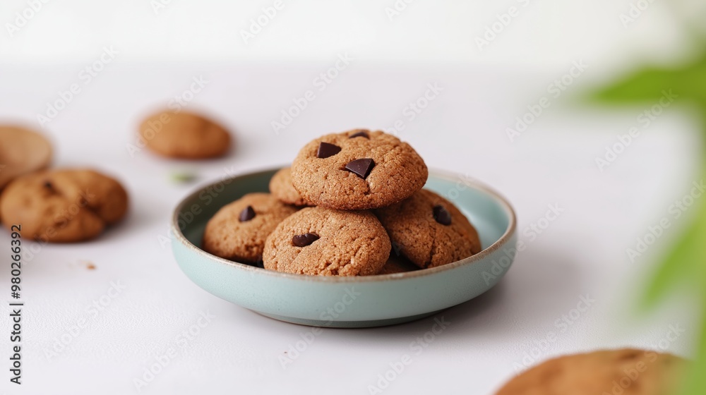 Freshly baked chocolate chip cookies arranged on a blue plate, surrounded by scattered cookies on a clean kitchen countertop. Freshly baked chocolate chip cookies arranged on a blue plate, surrounded by scattered cookies on a clean kitchen countertop.